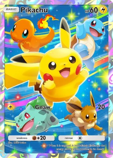 Pikachu, gen 1 starters, and Eevee Pokémon TCG Pocket card.