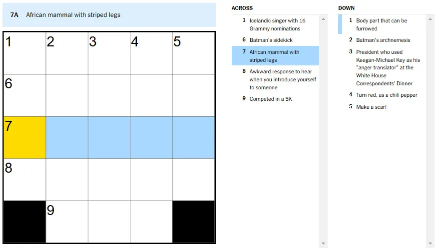 Picture showing the African mammal with striped legs clue in NYT Mini Crossword.