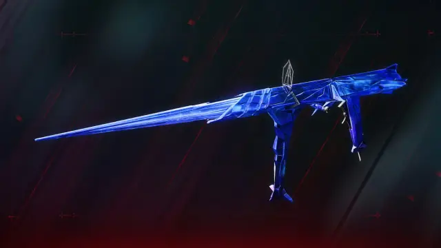 The Alethonym grenade launcher equipped with the Pure Sapphire ornament, which makes it look like a dark-blue, cracking, crystallized weapon with a tesselation effect.