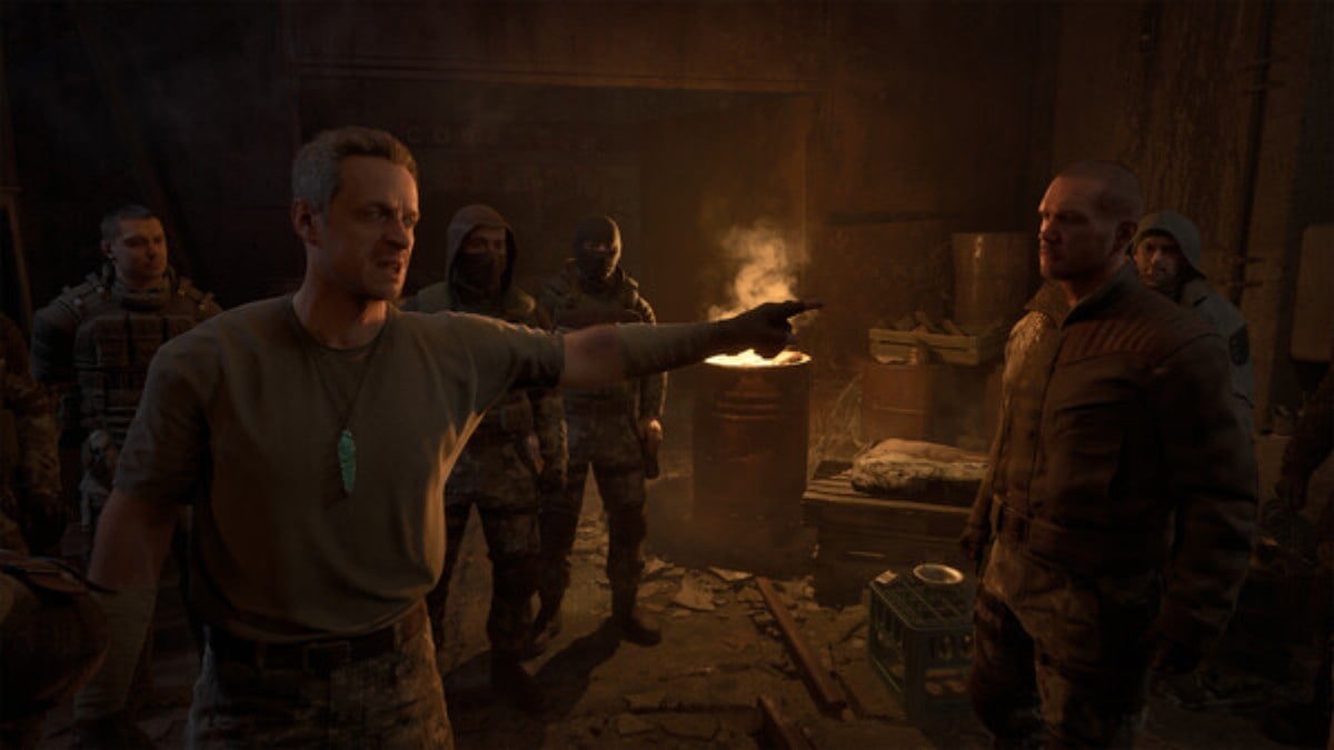 Two factions having an argument near a burn barrel in a Stalker 2 Heart of Chornobyl promo image