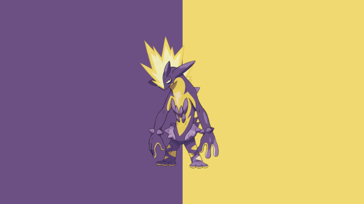 Toxtricity, a purple and yellow Pokemon with a center spine along its head and back that looks like spiky electric bolts.