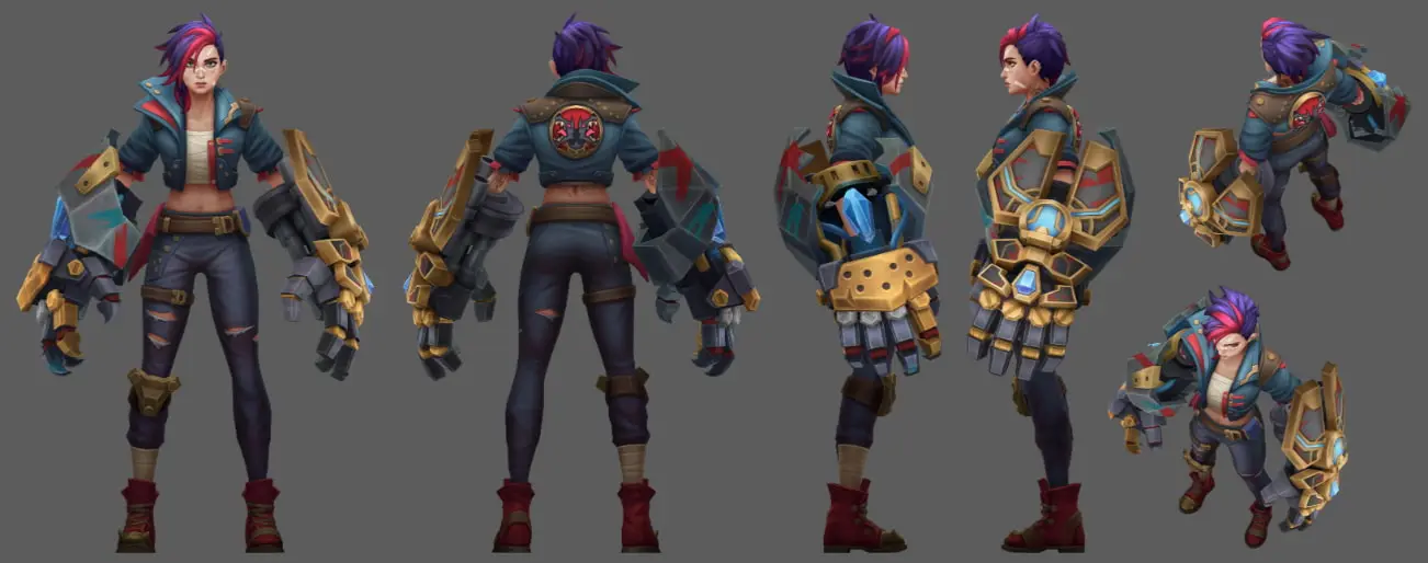 Vi stands with her gauntlets on. She wears a jacket with a popped collar and has multi-colored hair.