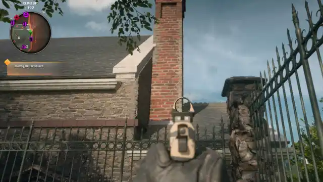 A player aiming a pistol at a church rooftop in Black Ops 6 Zombies.