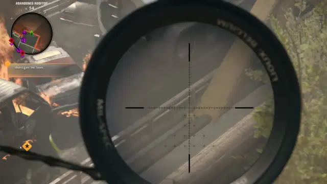 A player in Black Ops 6 Zombies looking through a sniper scope at a yellow bridge.