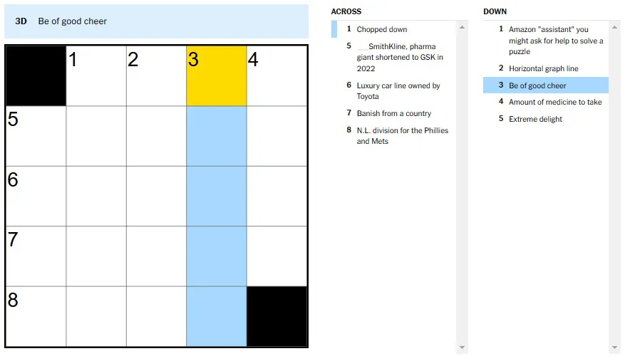 Picture showing the Be of good cheer clue in NYT Mini Crossword.