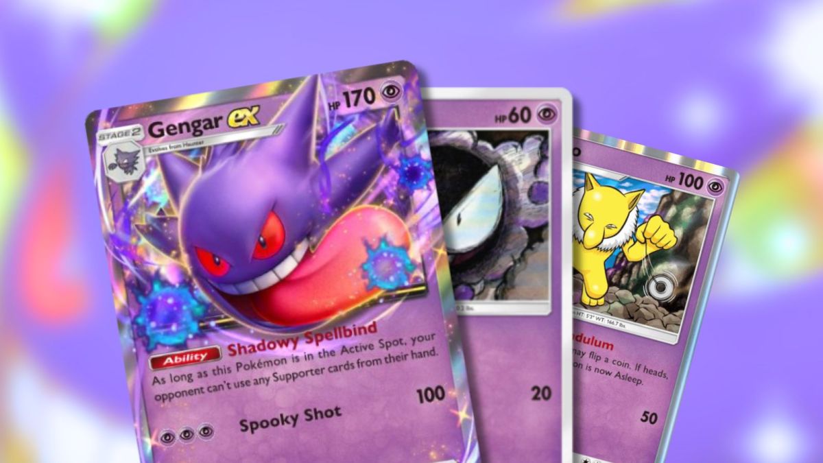 Gengar ex, Hypno, and Gastly Pokémon cards from Pokémon TCG Pocket with blurry Gengar in the background.