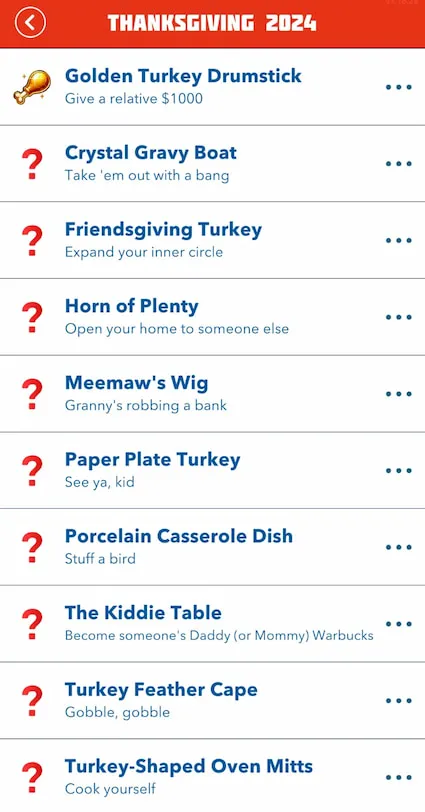 Picture showing the Thanksgiving Scavenger Hunt clues in Bitlife.