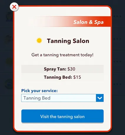 Picture showing the Tanning Bed option in Thanksgiving Scavenger Hunt in Bitlife.