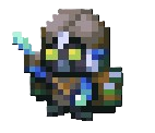 The Brave Merchant from Core Keeper, a humanoid figure wearing green glasses and holding something blue in his hand.