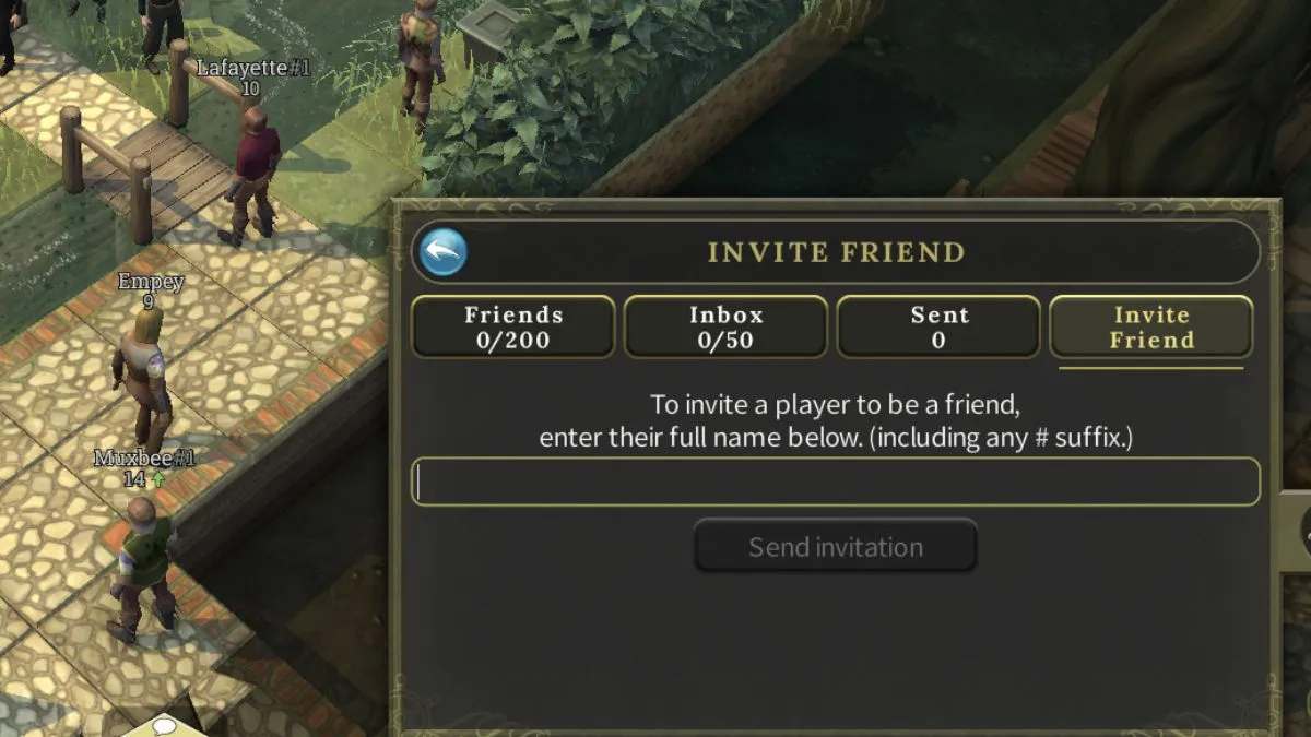 Inviting friends in Brighter Shores MMO with forest background.