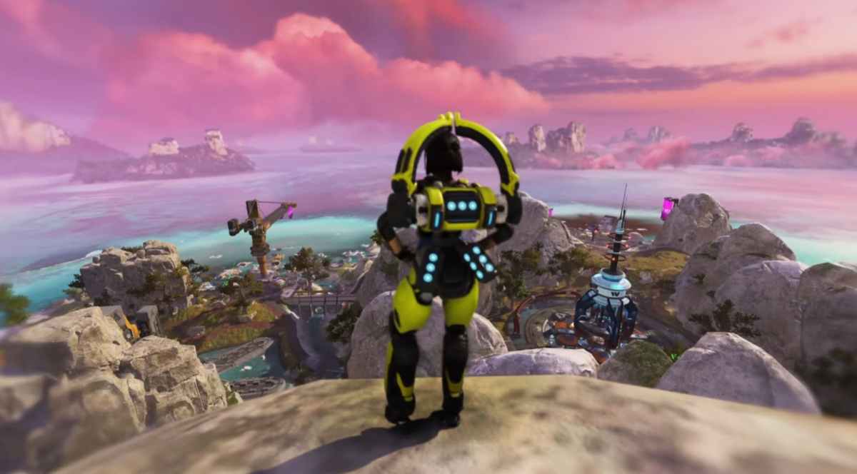 Conduit, a female character from Apex Legends, stands atop a cliff looking out at Storm Point