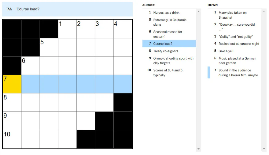 Picture showing the Course load clue in NYT Mini Crossword.