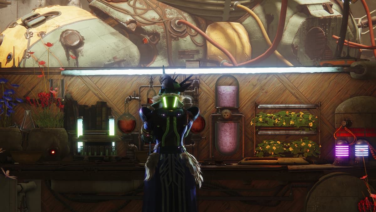 A guardian with Shadestalker Armor looks at a wealth of herbal ingredients in Eido's lab.