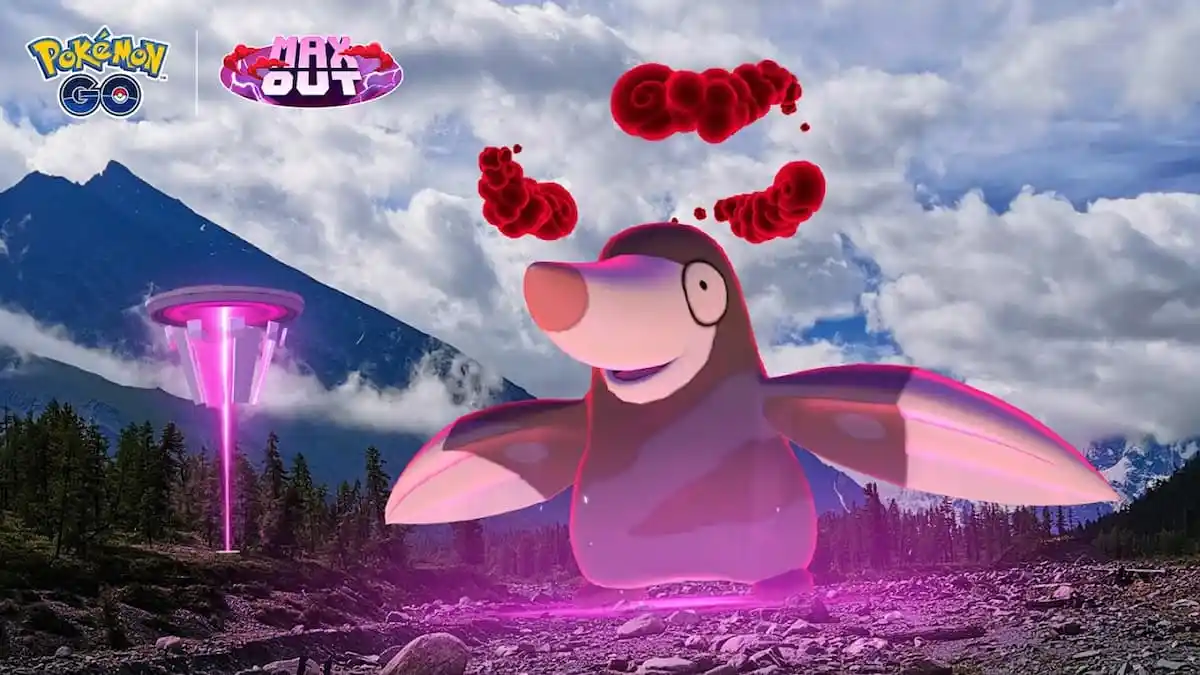 A giant Drilbur, a mole-like Pokemon, emerges in a forest with a mountain in the background.