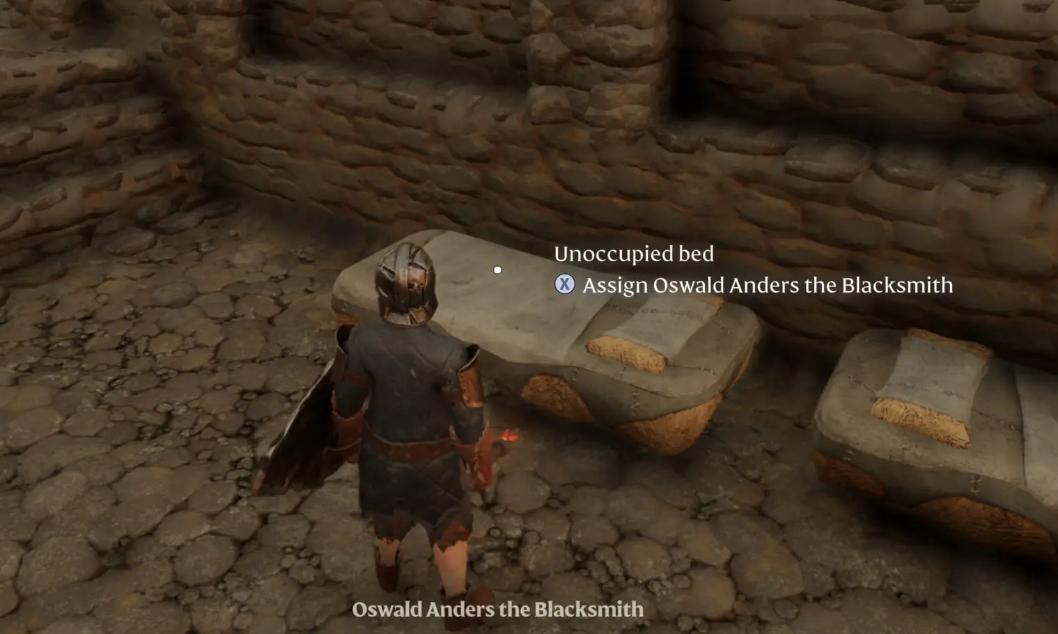 The main character in Enshrouded stands in front of a bed in this screenshot that shows readers how to assign NPCs to beds.