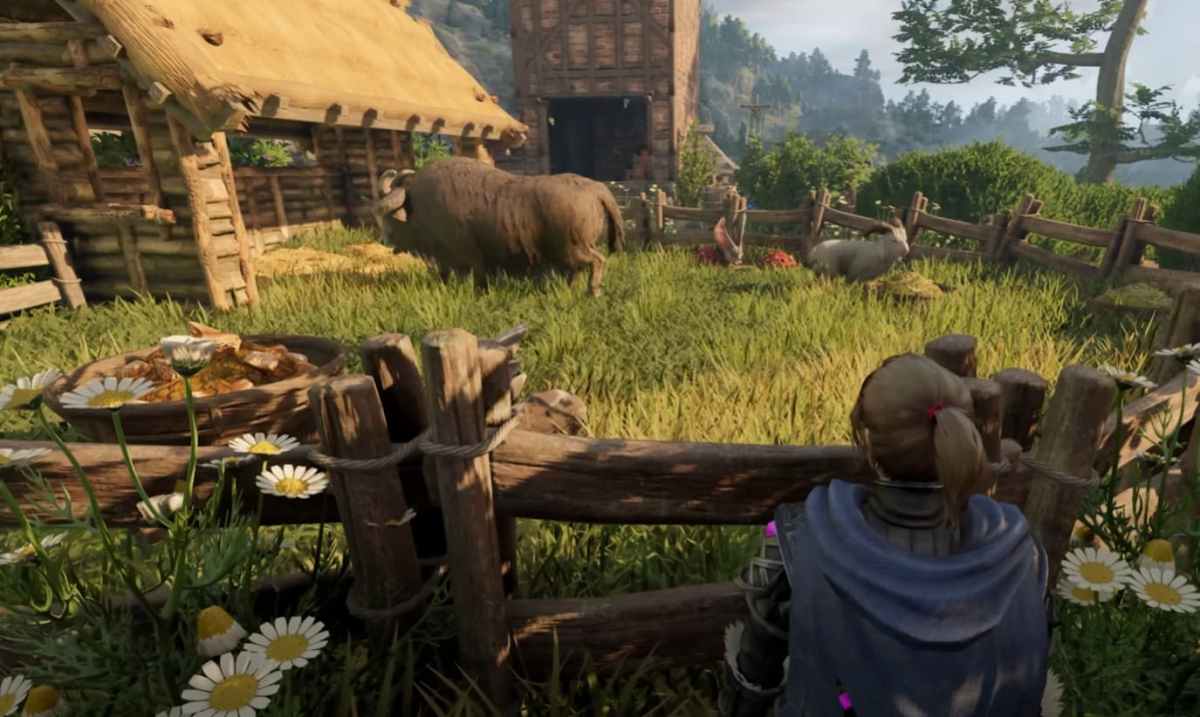 This image from Enshrouded shows readers a yak and a goat in a wood pen with a female player character standing in front of it.