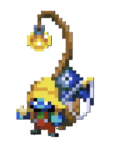 The Fishing Merchant in Core Keeper, a blue pixelated creature with a yellow rain hat and a long lantern stick above his head.