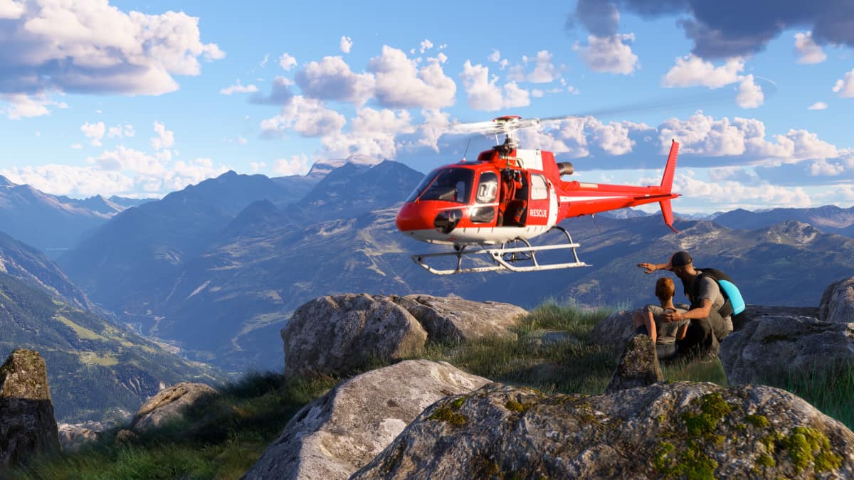 A red helicopter over a mountain in Microsoft Flight Simulator 2024.