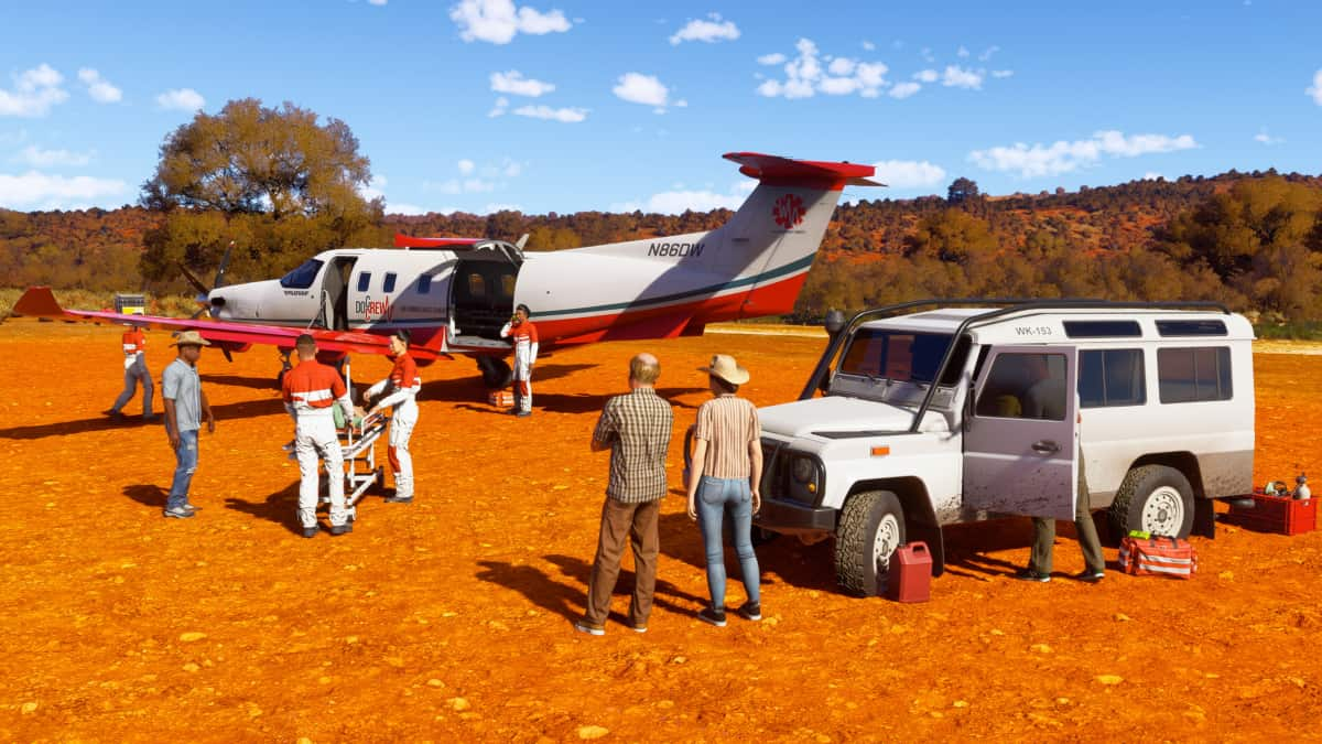 A red and white airplane on the ground performing a medical evacuation in Flight Simulator 2024.