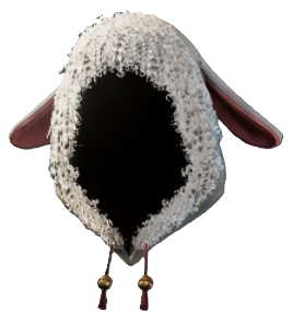 A hood that's in the shape of a goat head with white wool and floppy ears. Two strings hang below. This is the Fluffy Hat in Enshrouded