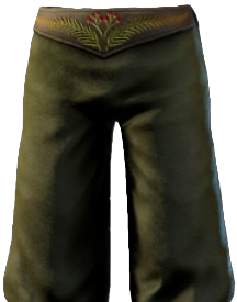 A pair of khaki green loose pants in Enshrouded. This screenshot shows readers what the Fluffy Pants look like.