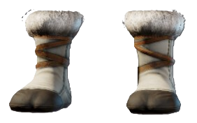 A pair of boots with hoof-like toes and white wraps around the ankle and calf. This shows readers what the Fluffy Boots look like.