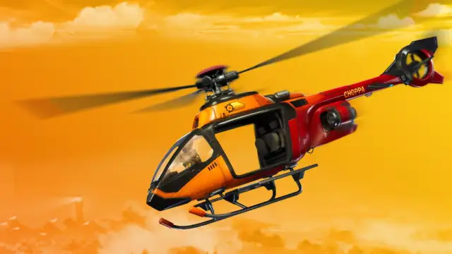 A flying helicopter in Fortnite through an orange sky.