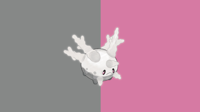 Galarian Corsola with a grey and pink background