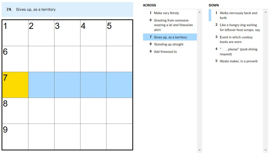 Picture showing the Gives up, as a territory clue in NYT Mini Crossword.