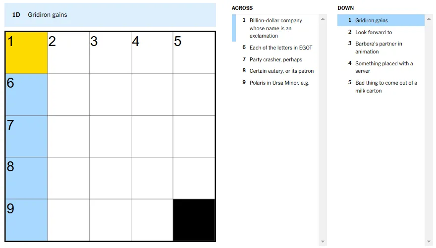 Picture showing the Gridiron gains clue in NYT Mini Crossword.