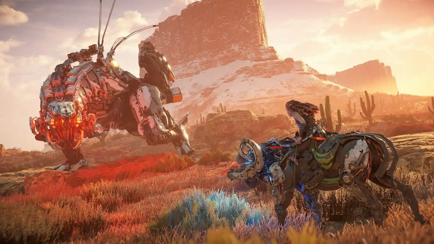 An image of Aloy and a mech in Horizon Zero Dawn Remastered.