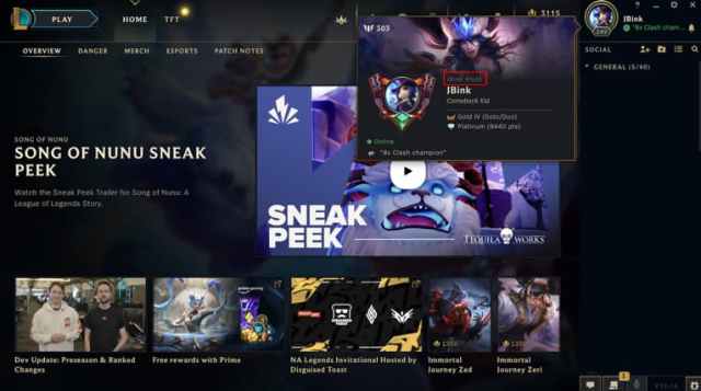 The main menu in League of Legends' client.