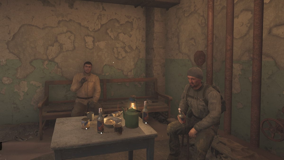 A group of men are gathered around a table drinking in STALKER 2.