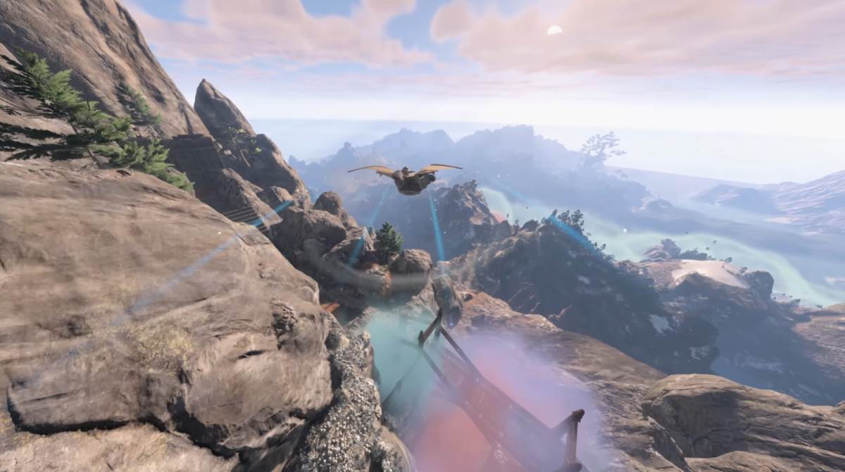 A screenshot from Enshrouded's Souls of the Frozen Frontier trailer showing readers a player gliding over the mountainous biome of the Albaneve Summits.