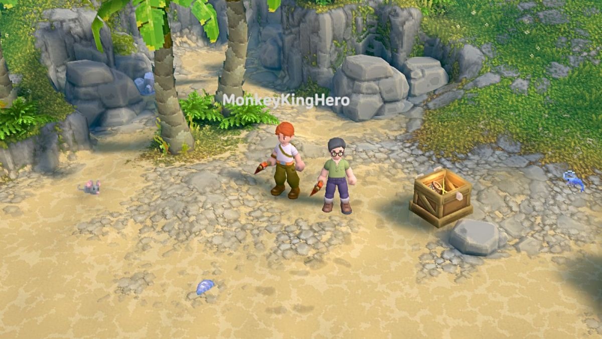 Two players standing next to each other on the beach in Luma Island.