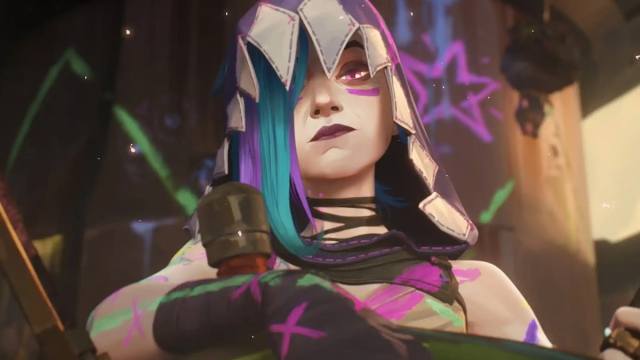 Jinx sites down with a hoodie pulled over her face and her teal and purple hair hanging down in front of one eye.