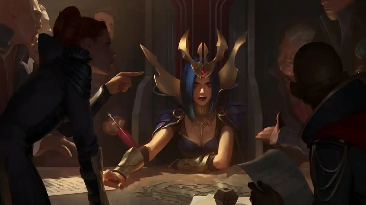 An image of Leblanc from League of Legends, holding a meeting of the Black Rose. She is sitting at a table with her large golden crown.