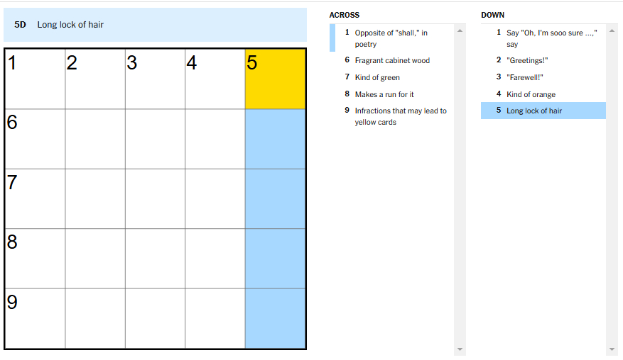 Picture showing the long lock of hair clue in NYT Mini Crossword.