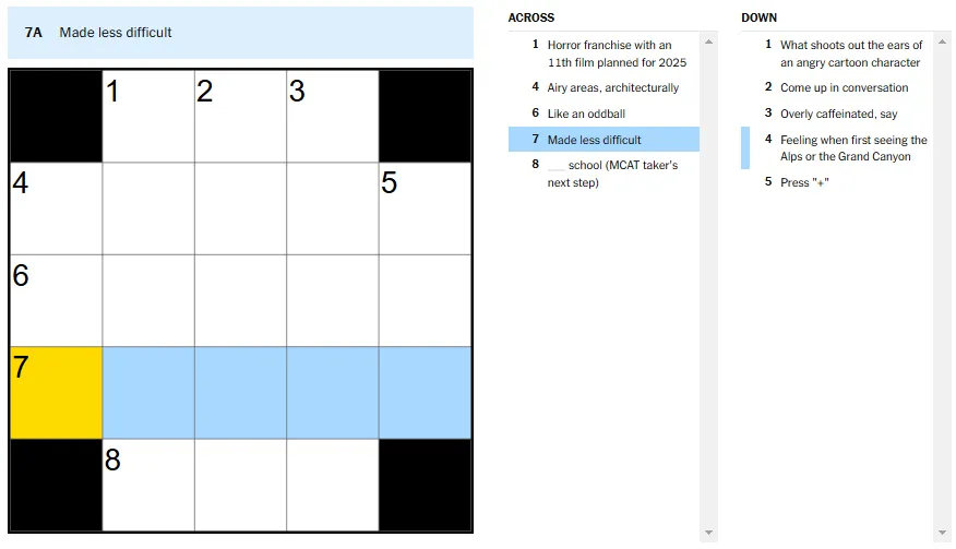 Picture showing the Made less difficult clue in NYT Mini Crossword.