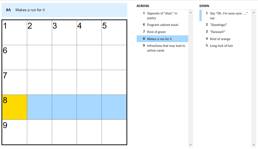 Picture showing the makes a run for it clue in NYT Mini Crossword.