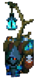 Cloaked Merchant in Core Keeper, a NPC with glowing eyes wearing a navy cape and a long stick and lantern above his head.