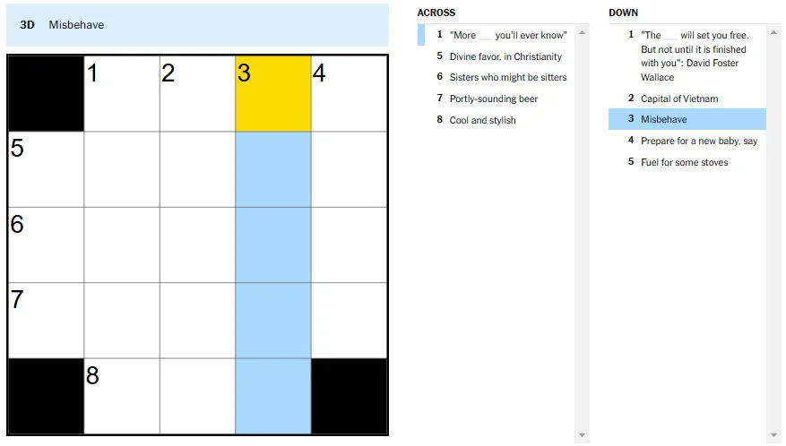 Picture showing the Misbehave clue in NYT Mini Crossword.