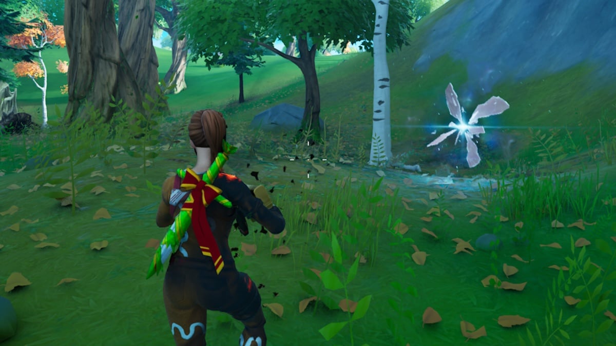 a player looks at a blue rift in the woods