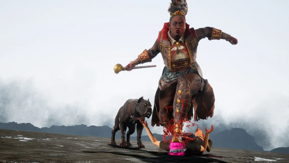 the houndmaster mori in dead by daylight, stomping the face of a Survivor with a black dog by her side.