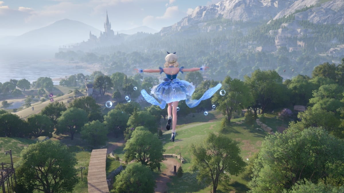 Infinite Nikki floating through air in blue dress