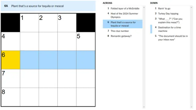 A blank New York Times Crossword puzzle with a clue highlighted.