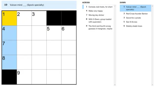 A screenshot of the NYT Mini Crossword with a clue highlighted.