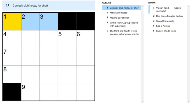 A screenshot of a blank New York Times Mini Crossword with a clue highlighted.