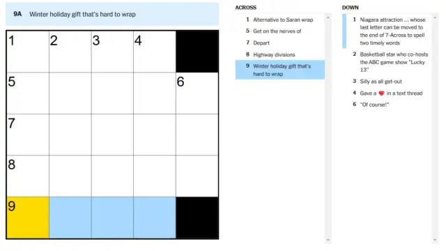 A blank NYT Crossword puzzle with a clue highlighted.