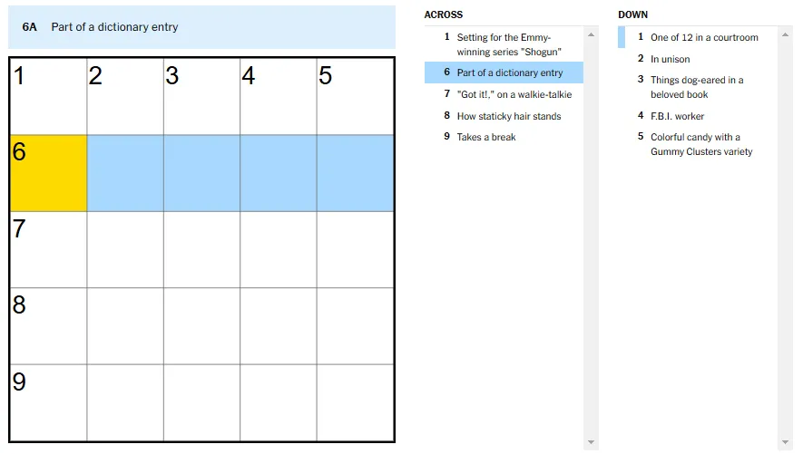 Picture showing the part of a dictionary entry clue in NYT Mini Crossword.